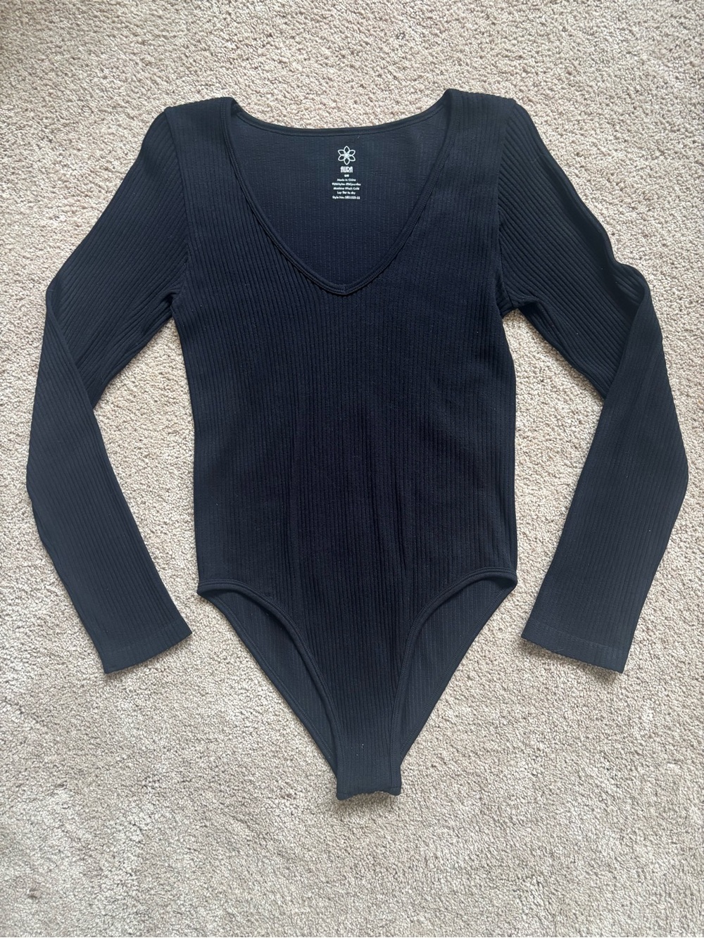 Aura Black Ribbed V-Neck Long Sleeve Bodysuit